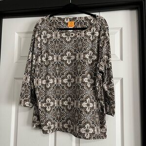 Ruby Rd. Brown and Cream Tile-Print Long Sleeve Top